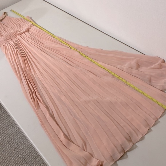 bebe Louisa Necklace Detail Pleated maxi blouson dress in peach chiffon size 6P - Picture 12 of 14